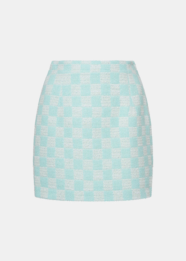 Alessandra Rich Aqua Damier Tweed Mini Skirt