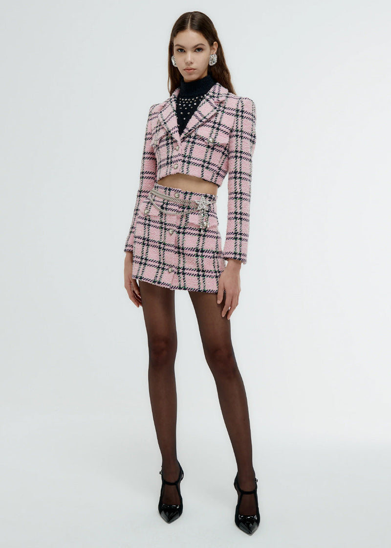Alessandra Rich Pink Tartan Sequin Tweed Skirt - NOBLEMARS