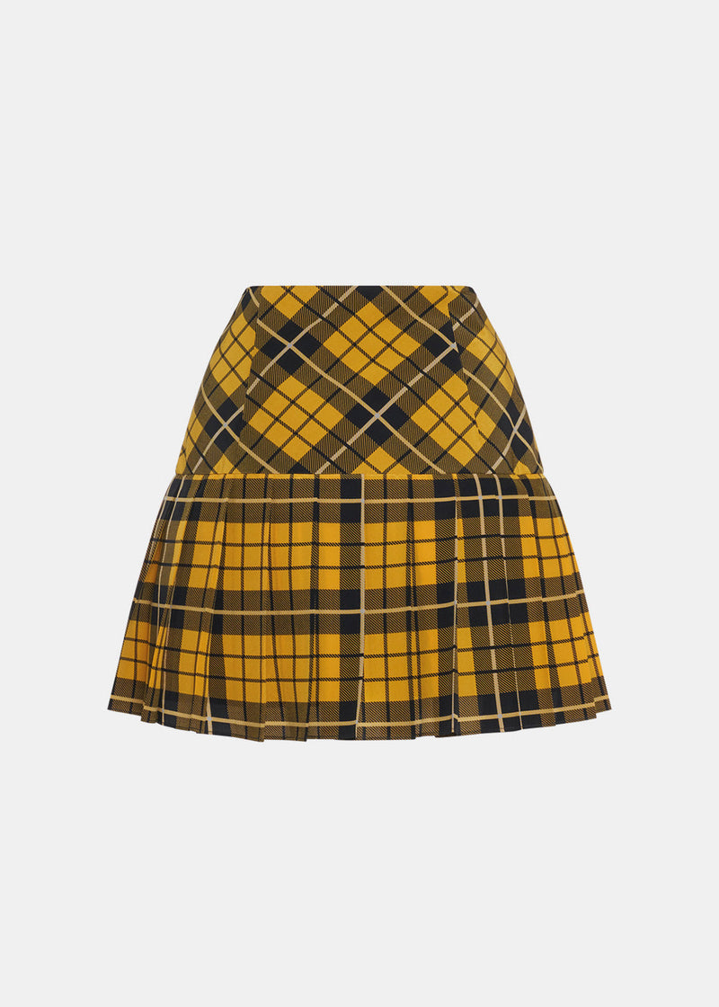 Alessandra Rich Yellow Tartan Print Silk Skirt