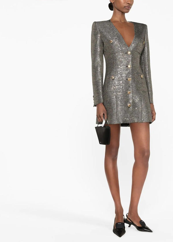 Alessandra Rich Black & Gold Sequin Tweed Mini Dress