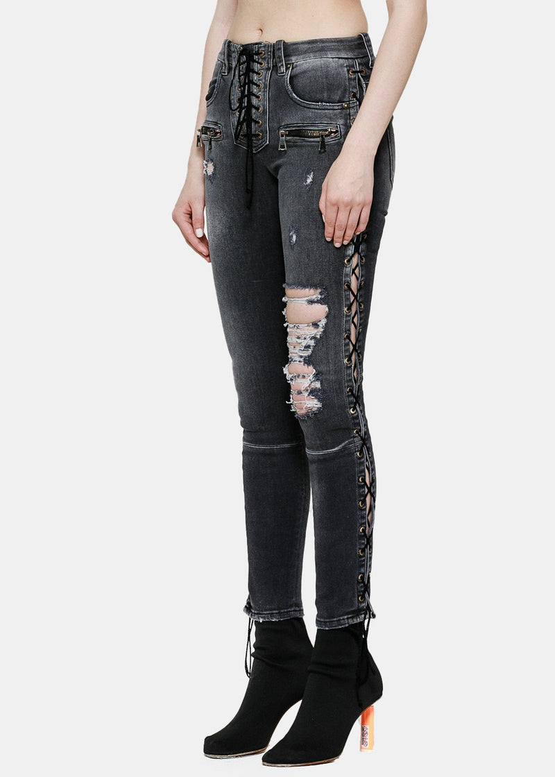 Unravel Project Black Rinsed Lace-Up Jeans - NOBLEMARS