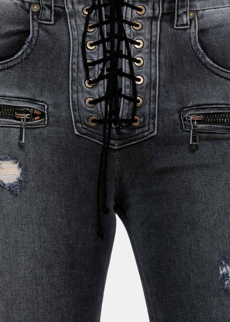 Unravel Project Black Rinsed Lace-Up Jeans - NOBLEMARS