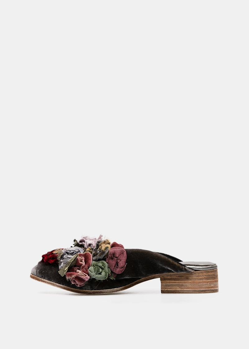 Elena Dawson Grey Velvet Flower Mules - NOBLEMARS