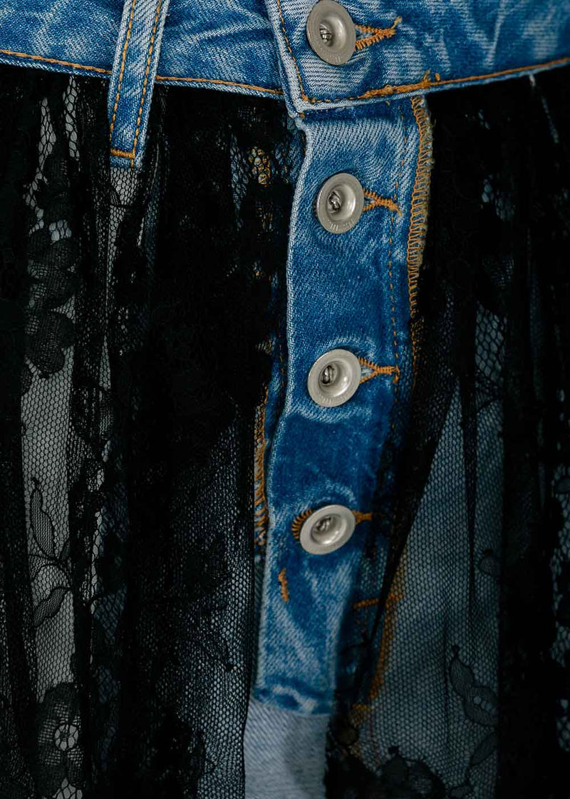 Unravel Project Blue & Black Denim Reversed Lace Miniskirt - NOBLEMARS