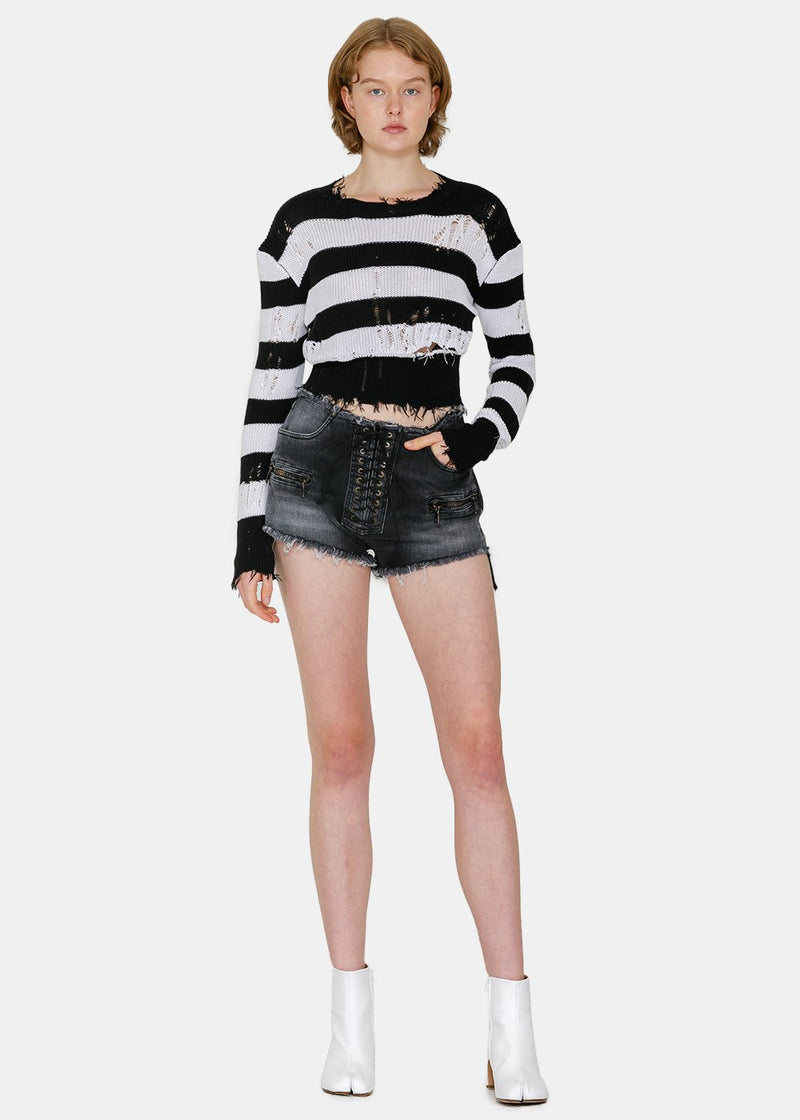 Unravel Project Black & White Stripe Distressed Sweater - NOBLEMARS