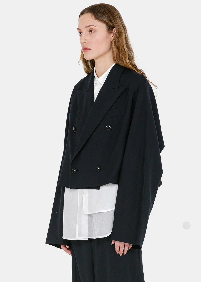Y's Navy Cropped Double-Breasted Jacket - NOBLEMARS