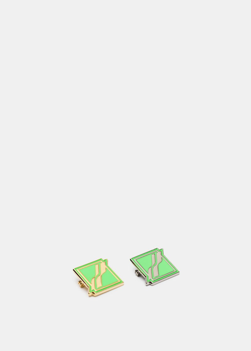 We11done Neon Green Square Logo Brooch Set - NOBLEMARS
