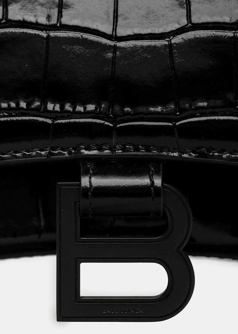 Balenciaga Black Croc Stretched Hourglass Shoulder Bag - NOBLEMARS