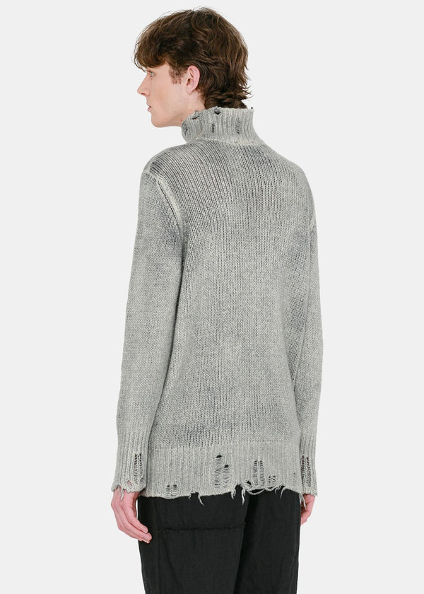 Avant Toi Light Grey Distressed High Neck Sweater - NOBLEMARS