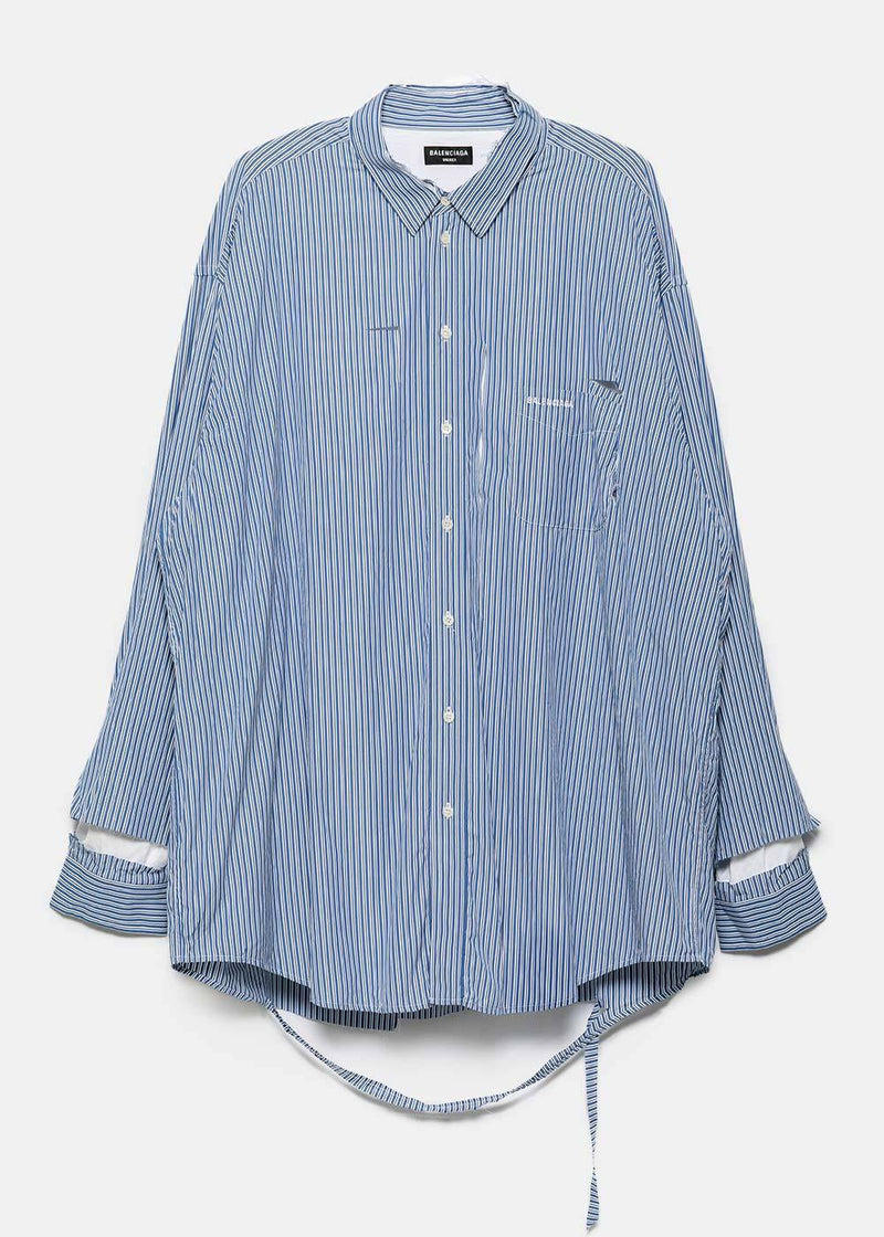Balenciaga Blue Stripe Double-Layered Destroyed Shirt - NOBLEMARS