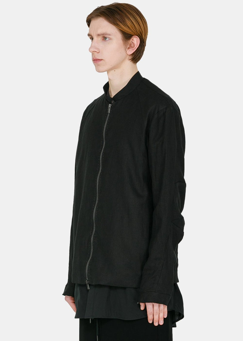 Devoa Black Linen Zip Jacket - NOBLEMARS