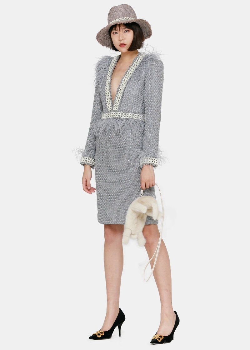 Laurence & Chico Grey Ostrich Feather Tweed Dress - NOBLEMARS