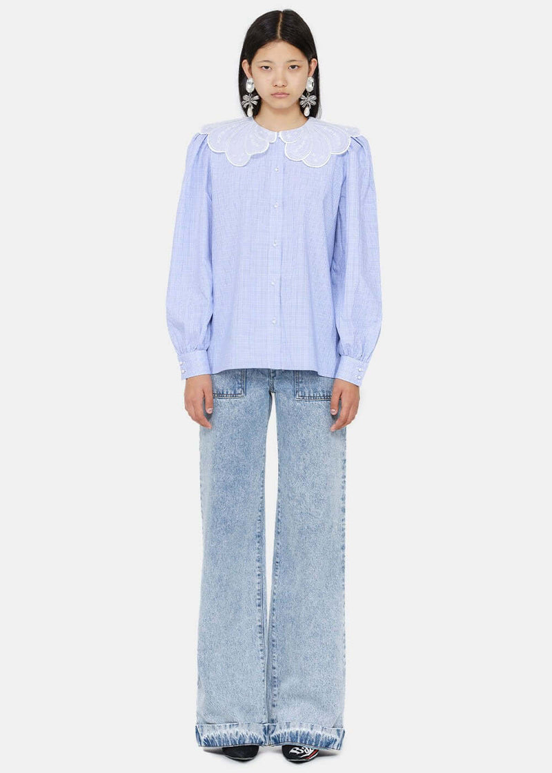 Alessandra Rich Blue Check Lace Collar Shirt - NOBLEMARS