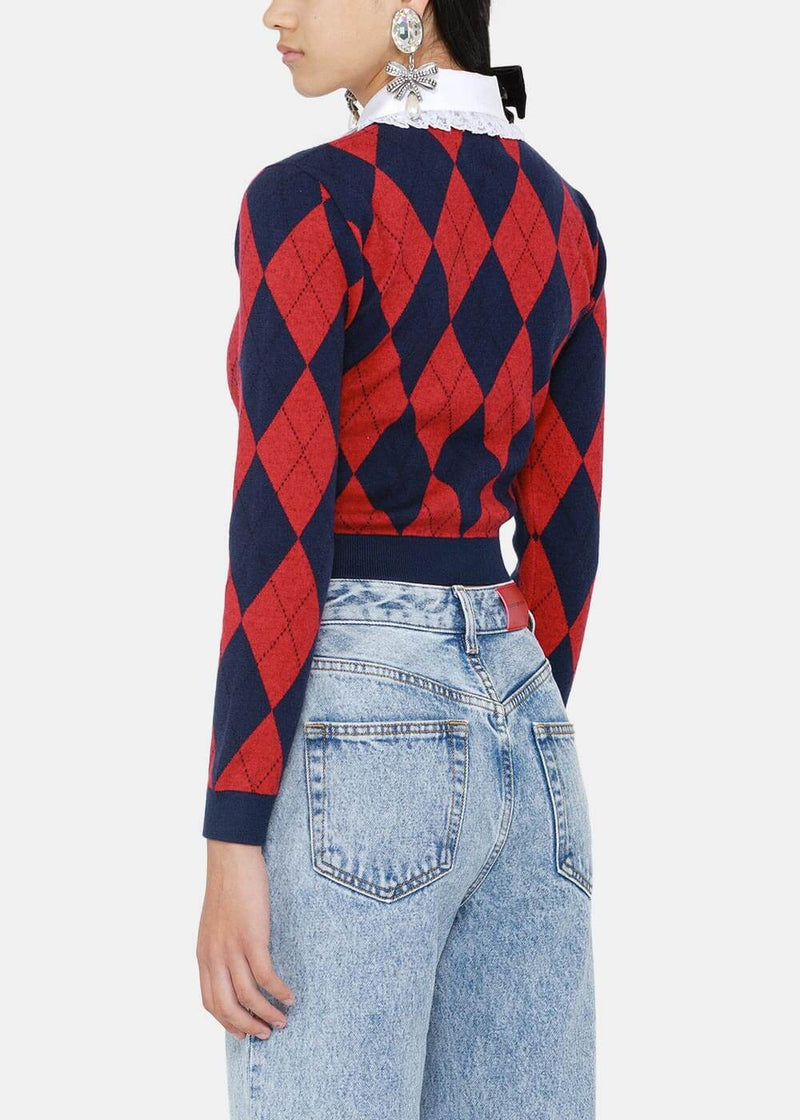 Alessandra Rich Red & Blue Diamond Cropped Cardigan - NOBLEMARS