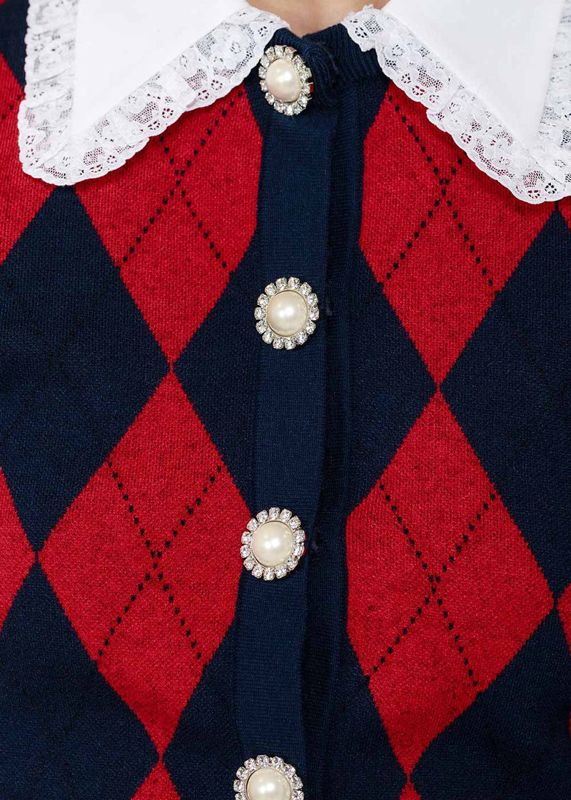 Alessandra Rich Red & Blue Diamond Cropped Cardigan - NOBLEMARS
