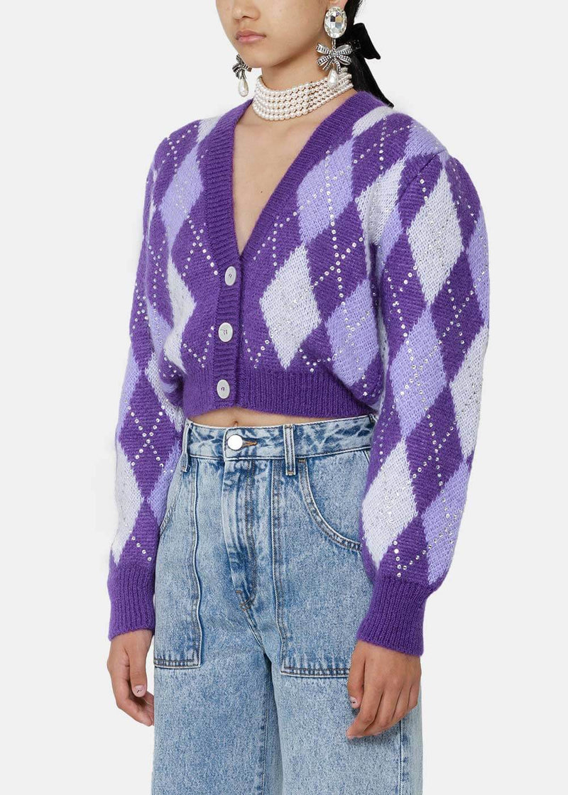 Alessandra Rich Purple Cropped Crystals Cardigan - NOBLEMARS