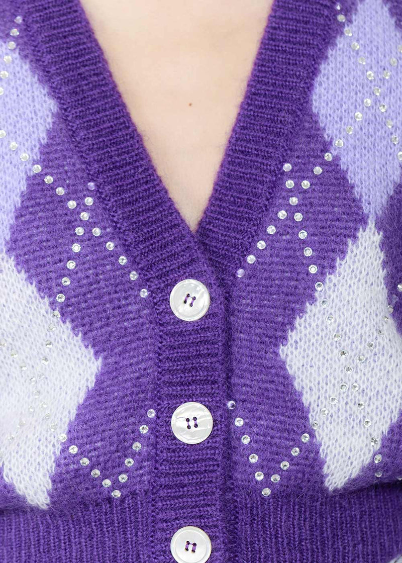 Alessandra Rich Purple Cropped Crystals Cardigan - NOBLEMARS