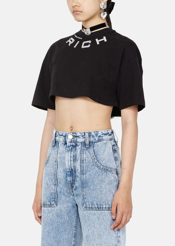 Alessandra Rich Black Cropped Crystal Logo T-Shirt - NOBLEMARS
