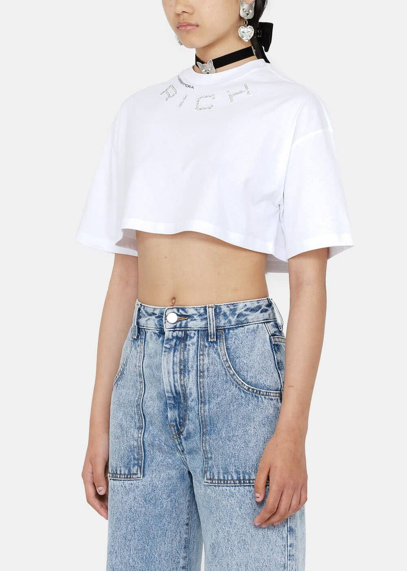 Alessandra Rich White Cropped Crystal Logo T-Shirt - NOBLEMARS
