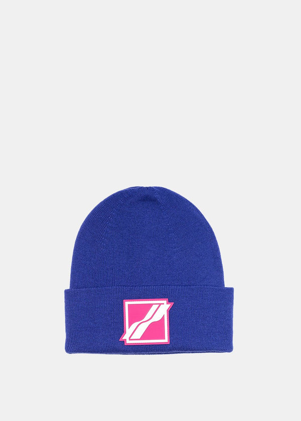 We11done Blue Logo Patch Wide Rib Beanie - NOBLEMARS