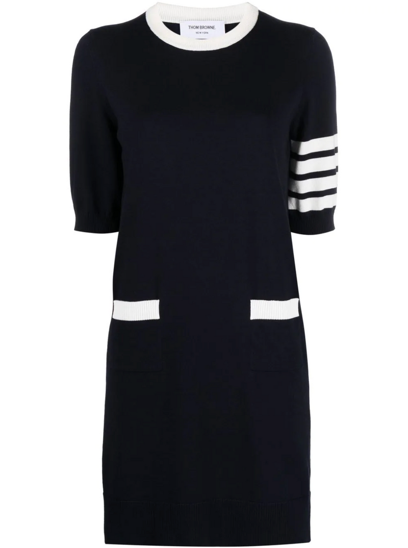 THOM BROWNE Women Hector Outline With Pointelle Intarsia Short Sleeve Mini Dress In Cotton W/ 4 Bar Stripe - NOBLEMARS