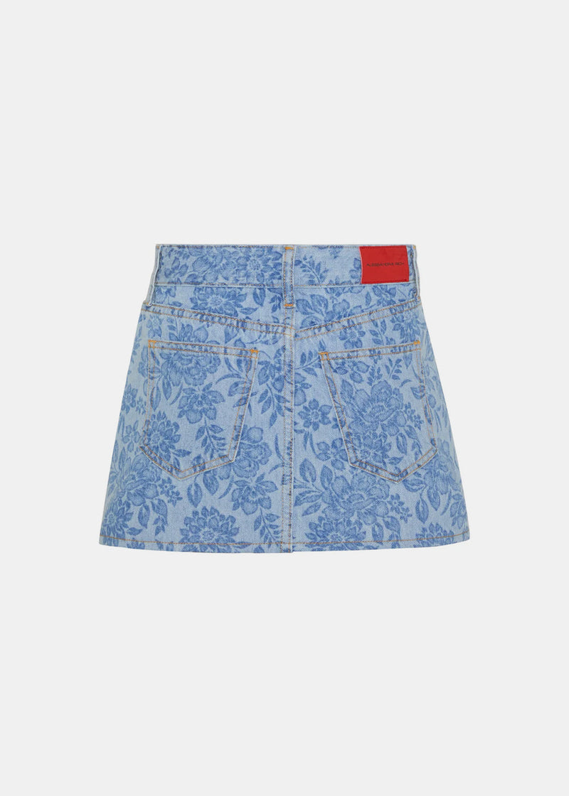 Alessandra Rich Blue Flower Print Denim Mini Skirt - NOBLEMARS
