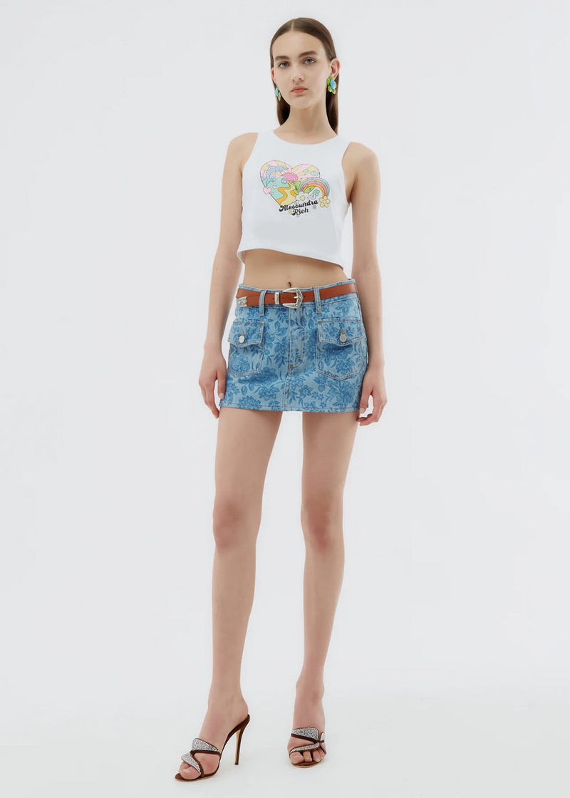 Alessandra Rich Blue Flower Print Denim Mini Skirt - NOBLEMARS
