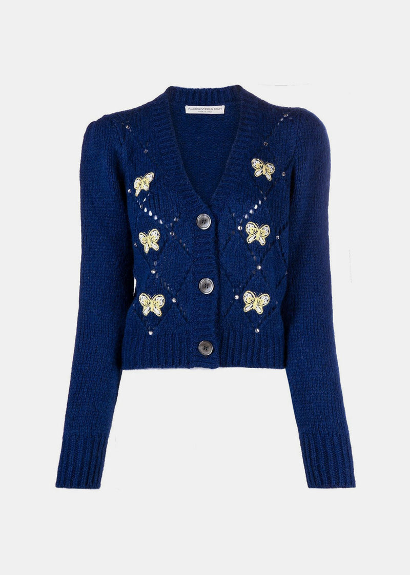 Alessandra Rich Blue Butterfly-Embroidered Pointelle Cardigan - NOBLEMARS