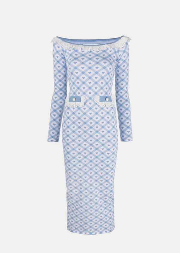 Alessandra Rich Blue Checked Jacquard Knitted Midi Dress - NOBLEMARS