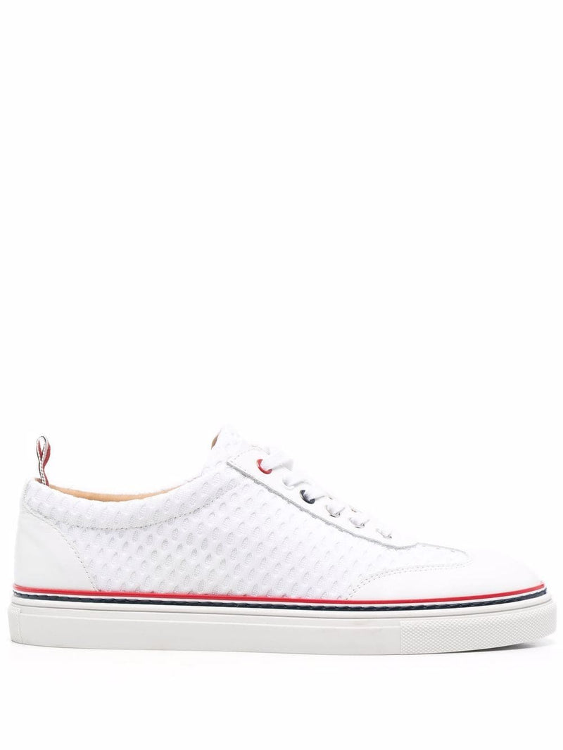 THOM BROWNE WOMEN WHITE VITELLO CALF LEATHER HEAVY ATHLETIC MESH STRIPE RUBBER CUPSOLE LOW TOP TRAINER - NOBLEMARS