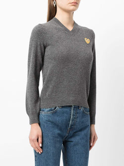 COMME DES GARCONS PLAY WOMEN GOLD HEART V-NECK PULLOVER - NOBLEMARS