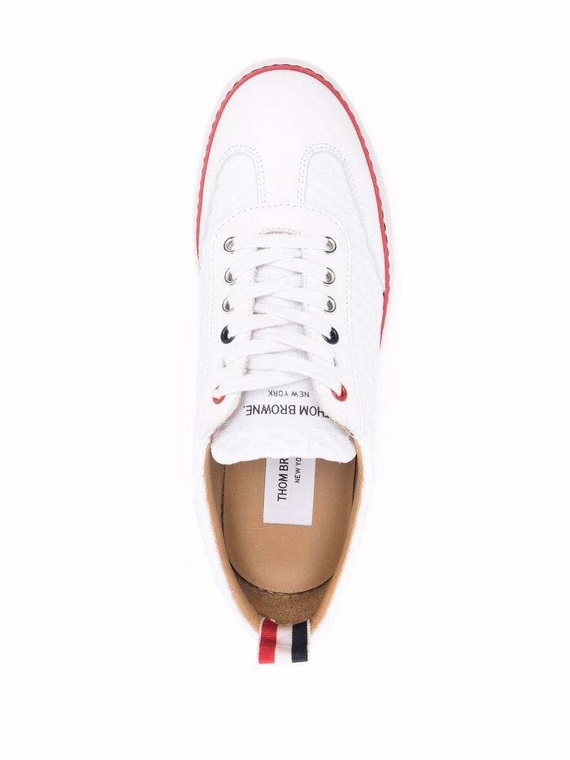 THOM BROWNE WOMEN WHITE VITELLO CALF LEATHER HEAVY ATHLETIC MESH STRIPE RUBBER CUPSOLE LOW TOP TRAINER - NOBLEMARS