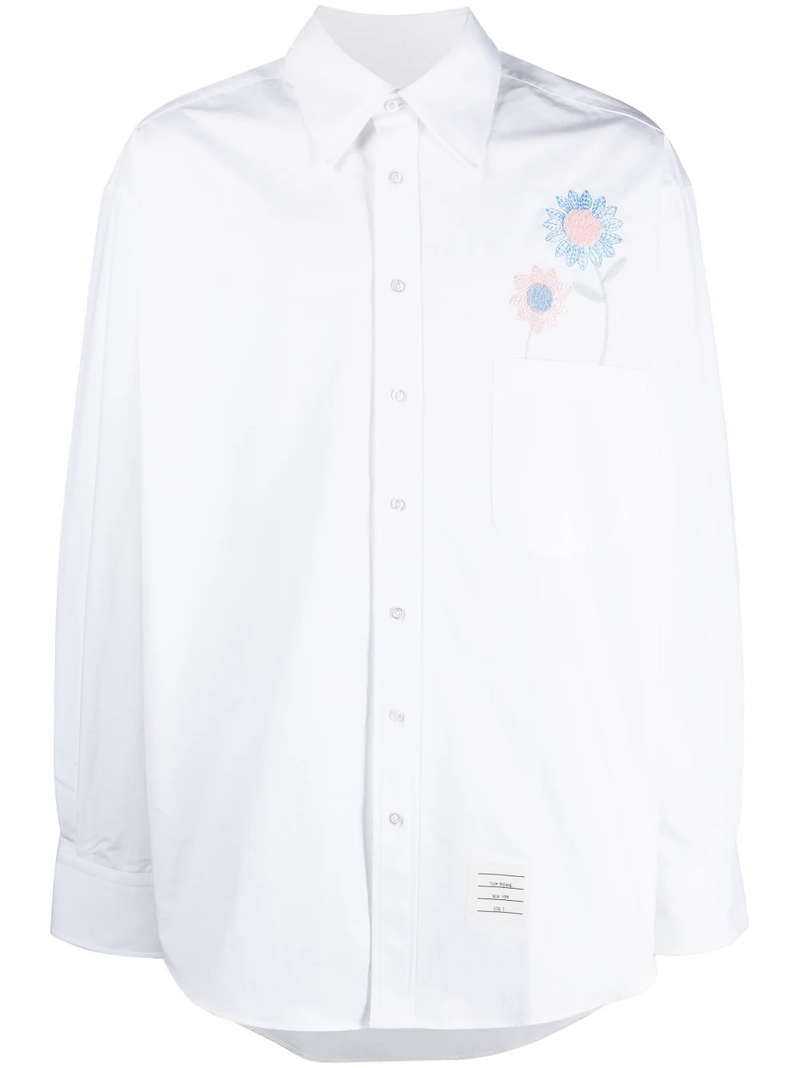 THOM BROWNE MEN OVERSIZED LONG SLEEVE SHIRT W/ ALL OVER EMBROIDERY IN RADIAL STITCH AND CHENILLE FLOWER - NOBLEMARS