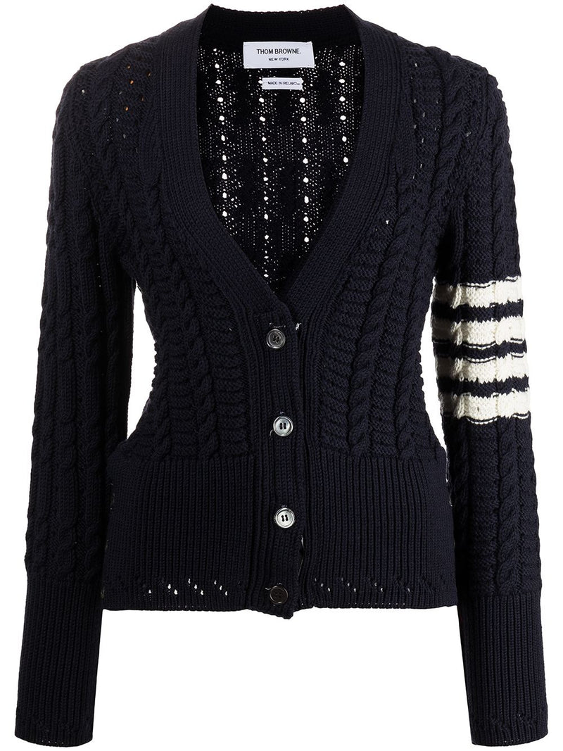 THOM BROWNE WOMEN FUN MIX CABLE CLASSIC FIT V NECK CARDIGAN W 4/ BAR STRIPE IN MERINO WOOL - NOBLEMARS