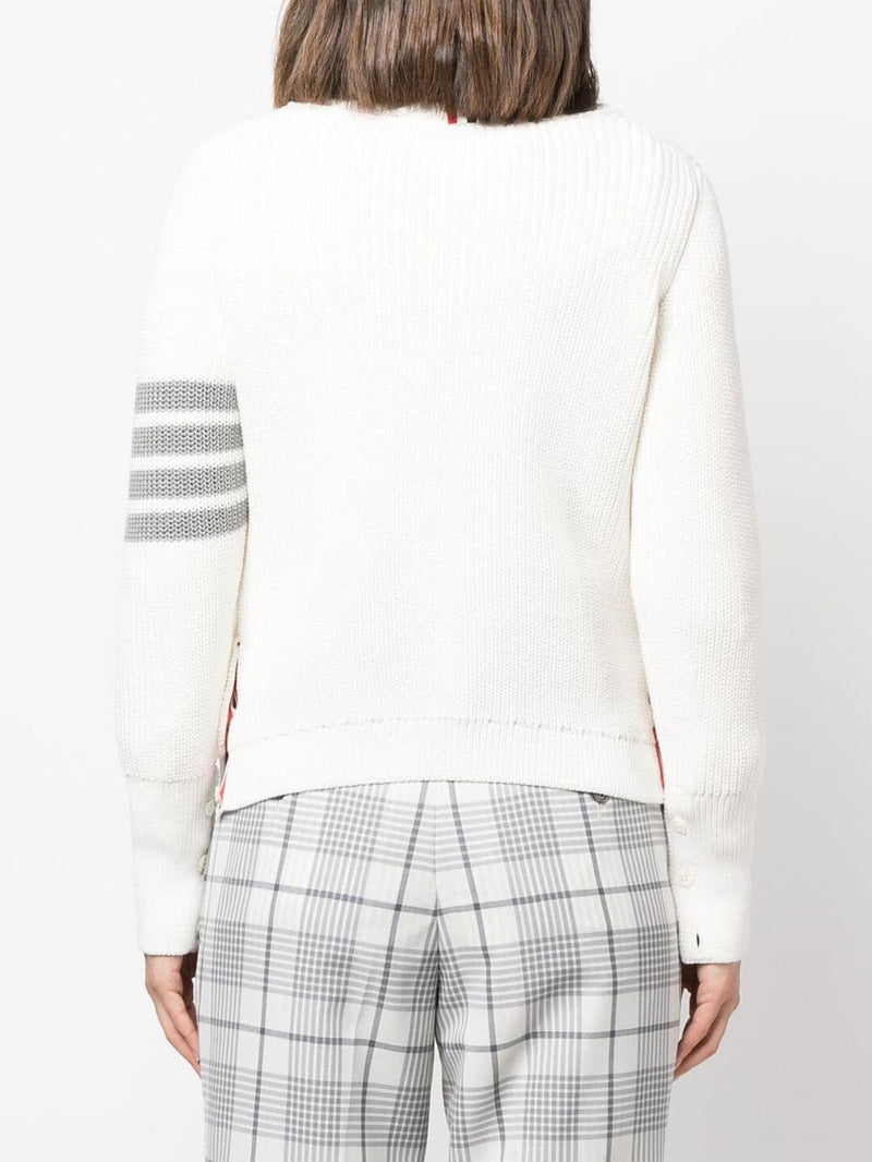 THOM BROWNE WOMEN HALF CARDIGAN STITCH CREW NECK PULLOVER IN COTTON W/ CABLE TRIM AND 4 BAR STRIPE - NOBLEMARS