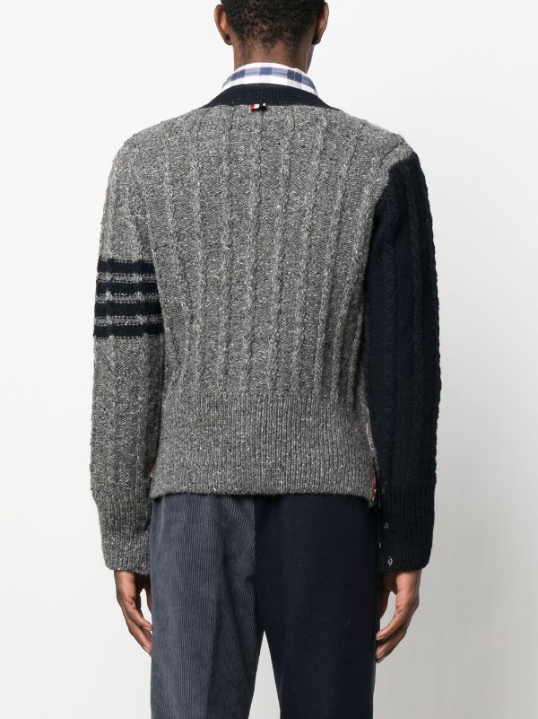 THOM BROWNE MEN FUN MIX BICOLOR TWIST CABLE CLASSIC V NECK