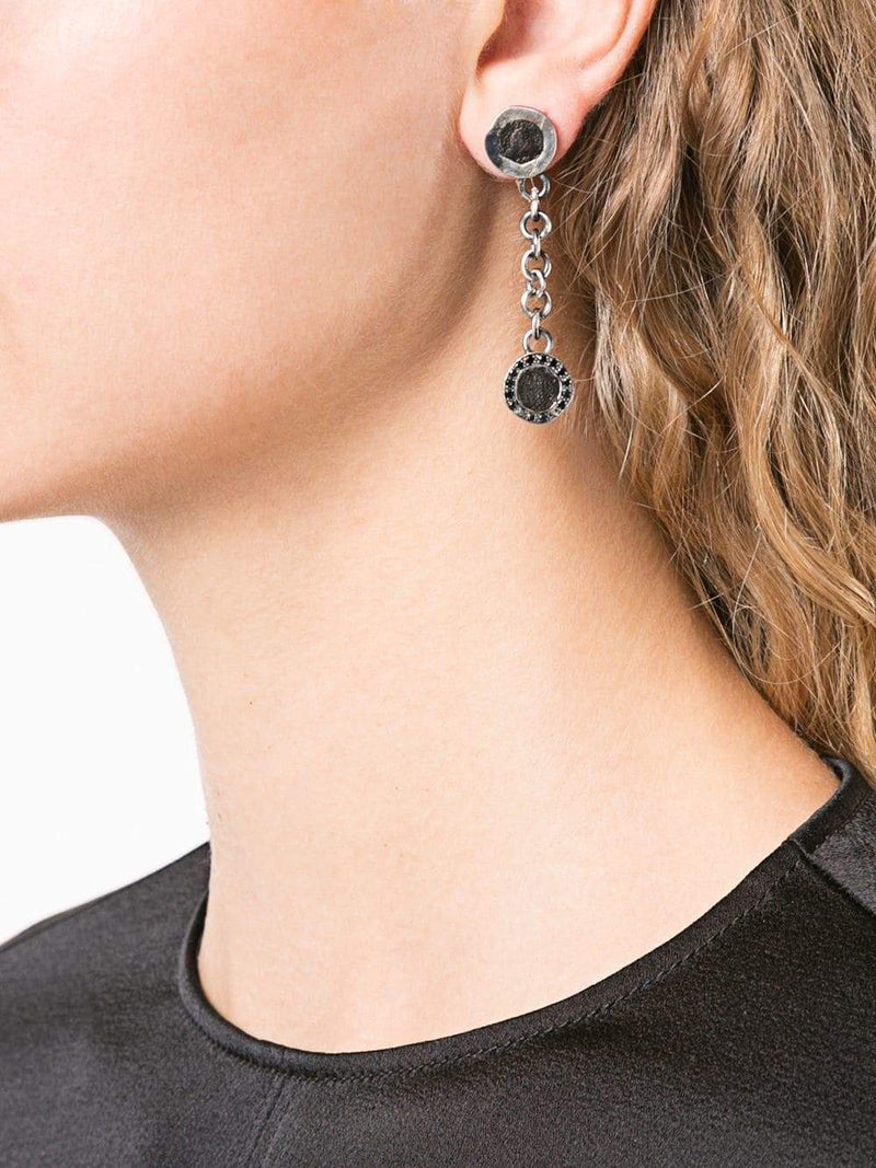 GUIDI SILVER ROUND DANGLE EARRING WITH HORSE LEATHER DETAILS AND BLACK DIAMOND G-OR05 - NOBLEMARS