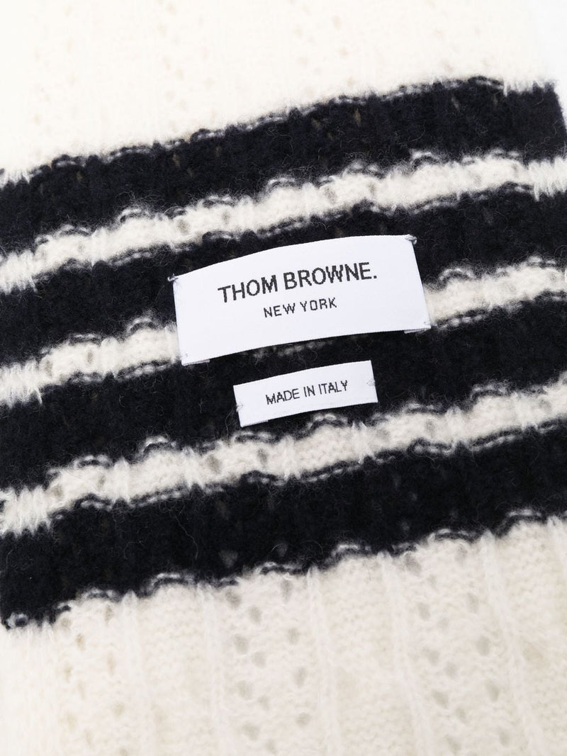 THOM BROWNE CABLE POINTELLE SCARF IN HAIRY SILK/CASHMERE/WOOL BLEND W/ 4 BAR STRIPE - NOBLEMARS