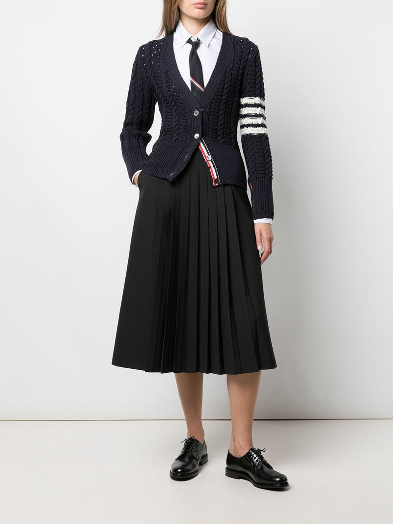 THOM BROWNE WOMEN FUN MIX CABLE CLASSIC FIT V NECK CARDIGAN W 4/ BAR STRIPE IN MERINO WOOL - NOBLEMARS