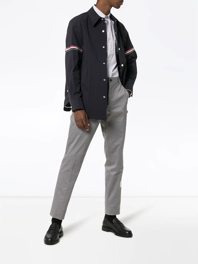 THOM BROWNE MEN SNAP FRONT SHIRT JACKET W/ GG ARMBAND IN SOLID NYLON SHELL - NOBLEMARS