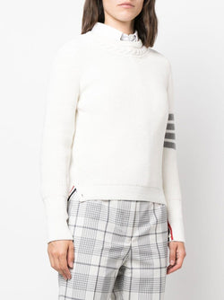 THOM BROWNE WOMEN HALF CARDIGAN STITCH CREW NECK PULLOVER IN COTTON W/ CABLE TRIM AND 4 BAR STRIPE - NOBLEMARS