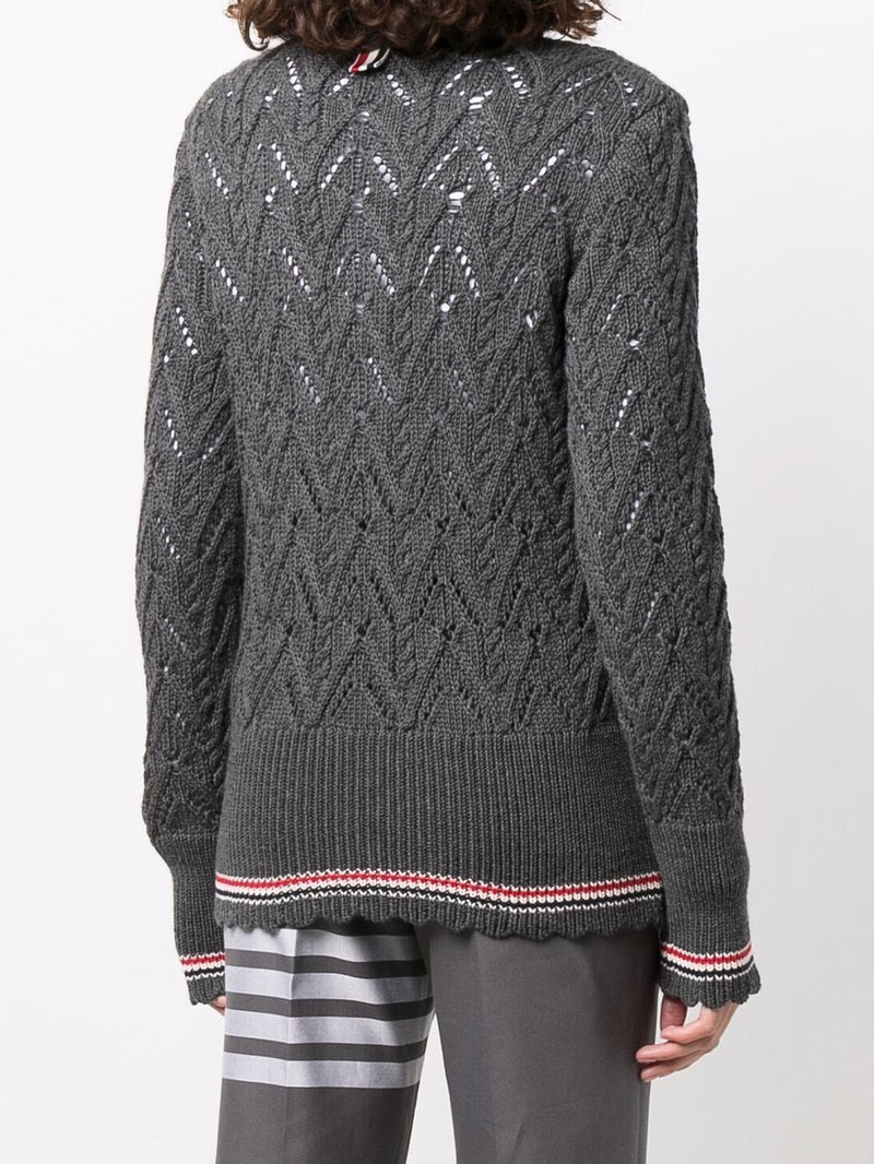 THOM BROWNE WOMEN POINTELLE CABLE PULLOVER W/ RWB SCALLOP TRIM IN SUSTAINABLE MERINO WOOL - NOBLEMARS