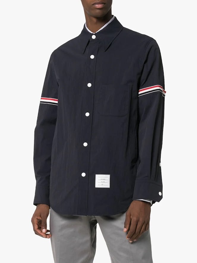 THOM BROWNE MEN SNAP FRONT SHIRT JACKET W/ GG ARMBAND IN SOLID NYLON SHELL  - NOBLEMARS