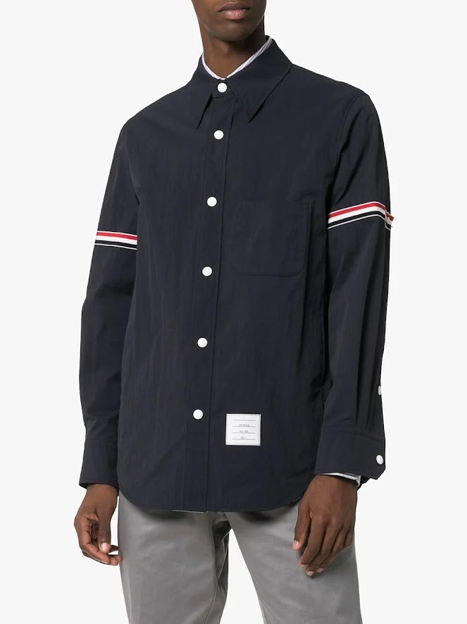 THOM BROWNE MEN SNAP FRONT SHIRT JACKET W/ GG ARMBAND IN SOLID NYLON SHELL - NOBLEMARS