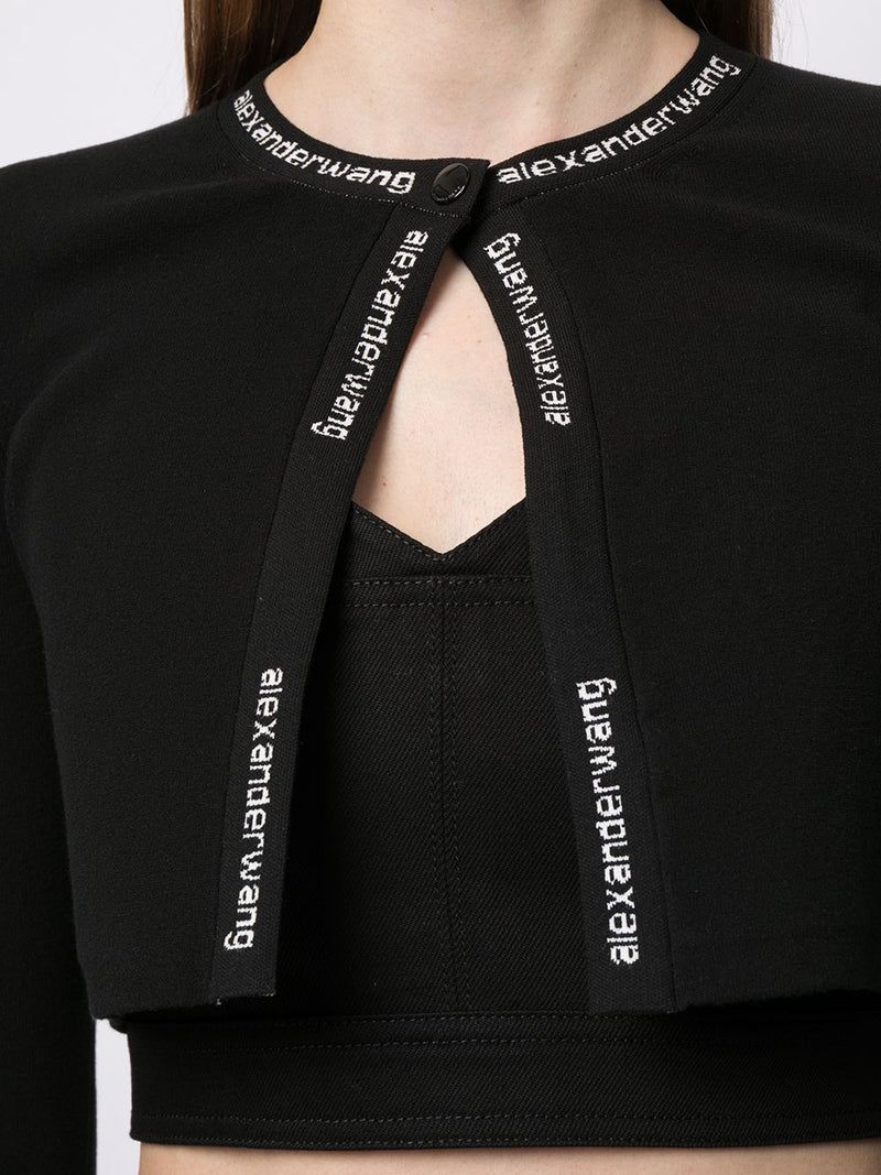 T BY ALEXANDER WANG CROPPED BODYCON CARDIGAN W/LOGO JACQUARD TRIMS - NOBLEMARS