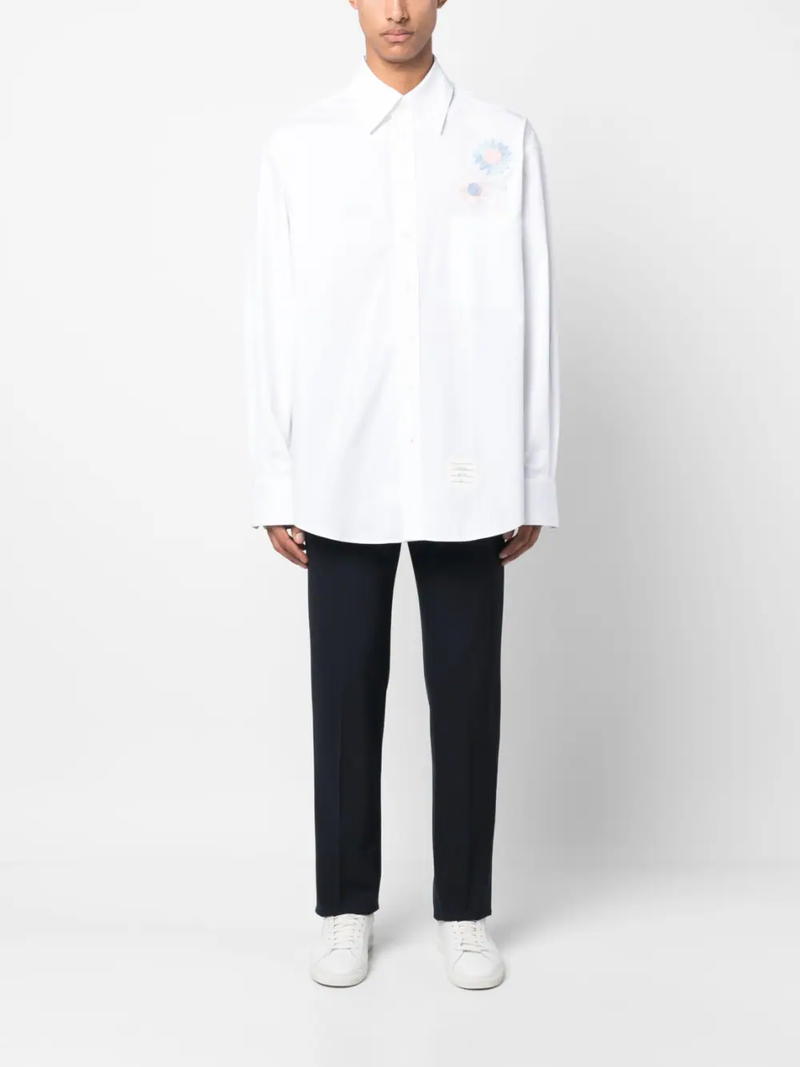 THOM BROWNE MEN OVERSIZED LONG SLEEVE SHIRT W/ ALL OVER EMBROIDERY IN RADIAL STITCH AND CHENILLE FLOWER - NOBLEMARS