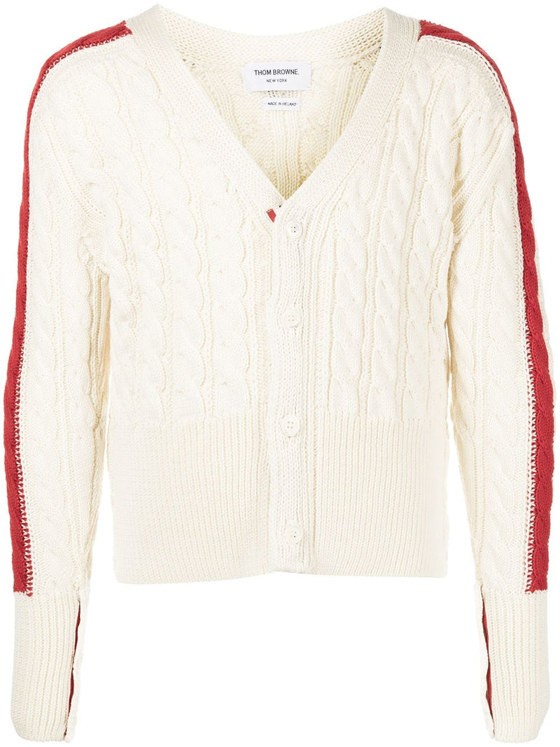 THOM BROWNE MEN CABLE STITCH CARDIGAN W/ RWB SLEEVES IN SUSTAINABLE MERINO WOOL - NOBLEMARS